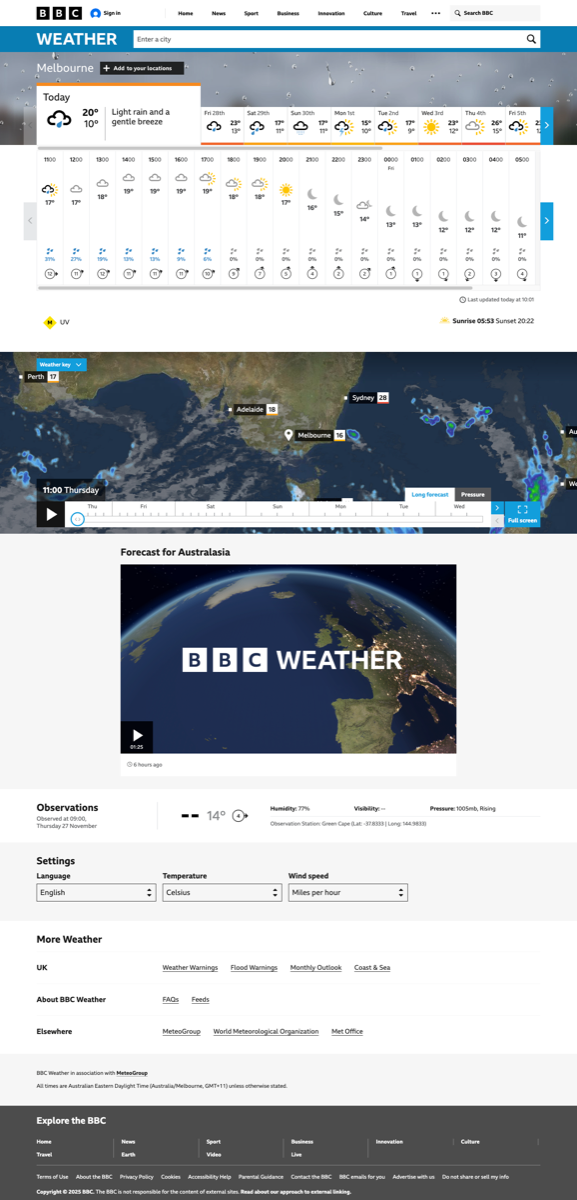 BBC Weather Melbourne page screenshot